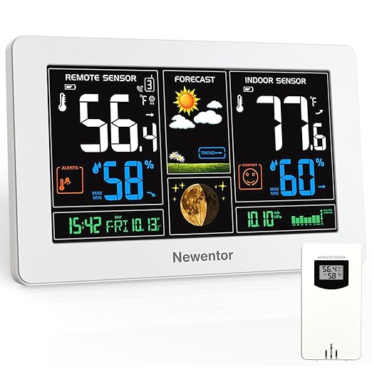 Newentor Weather Station Wireless Indoor Outdoor Thermometer, Color Display Digital Weather Thermometer with Atomic Clock, Barometric Pressure, Forecast Station with Adjustable Backlight, White