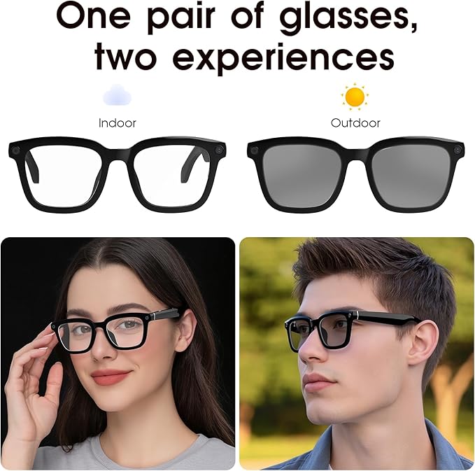 Smart Glasses with Camera, 8MP HD Camera Glasses, 1200P Video Recording Glasses With AI Assistant, Real-Time 139-Language Translation, Color-Change Lenses, Bluetooth Eyeglasses for Indoor Outdoor Use