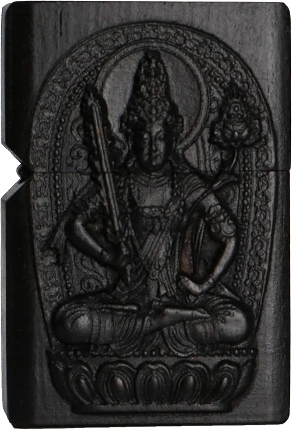 Natural Ebony Black Wood Carved Lighter Shell Box For Zippo Module (Protector Deity/Akasagarbha bodhisattva)