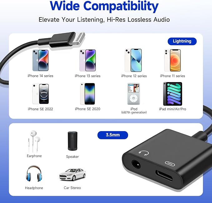 [Apple MFi Certified] 2-in-1 Charging & Audio Adapter for iPhone, Lightning to 3.5mm Headphone Jack Dongle Splitter, Supports Hi-Res Lossless Sound, Compatible with iPhone 14/13/12/11/XS/XR/8/7 1Pack