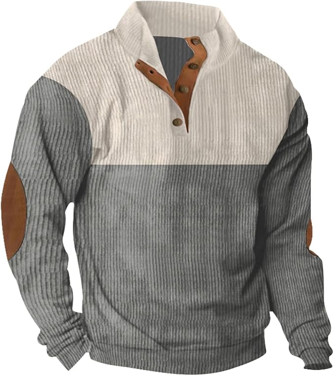 Men's Quarter Button Quilted Sweatshirt Classic Long Sleeve Elbow Patches Stand Collar Color Block Sweatshirts