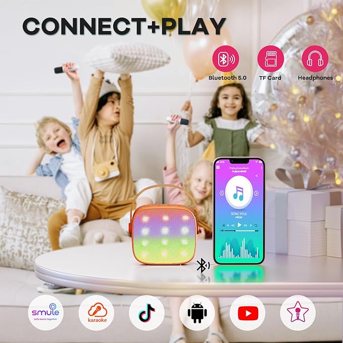 YLL Mini Karaoke Machine for Kids Adults, Portable Bluetooth Speaker with 2 Wireless Microphones, Birthday Gifts Toys for Girls Boys Ages 3, 4, 5, 6, 7, 8, 9,10,11,12+ Years Old Toddler (Orange)
