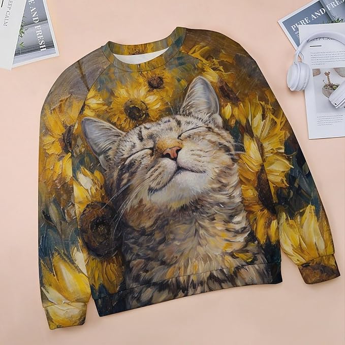 Sweatshirt for Women Cat Print Fashion Funny Plus Size Ladies Dressy Crewneck Casual Trendy Tee Shirts