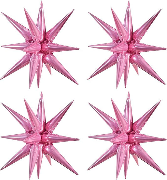 TONIFUL 4 Pcs 22inch 4D Pink Explosion Star Foil Balloons 14Point Light Pink Star Mylar Balloons for Party Backdrop Christmas New Year Birthday Wedding Baby Shower Anniversary Photo Booth Supplies