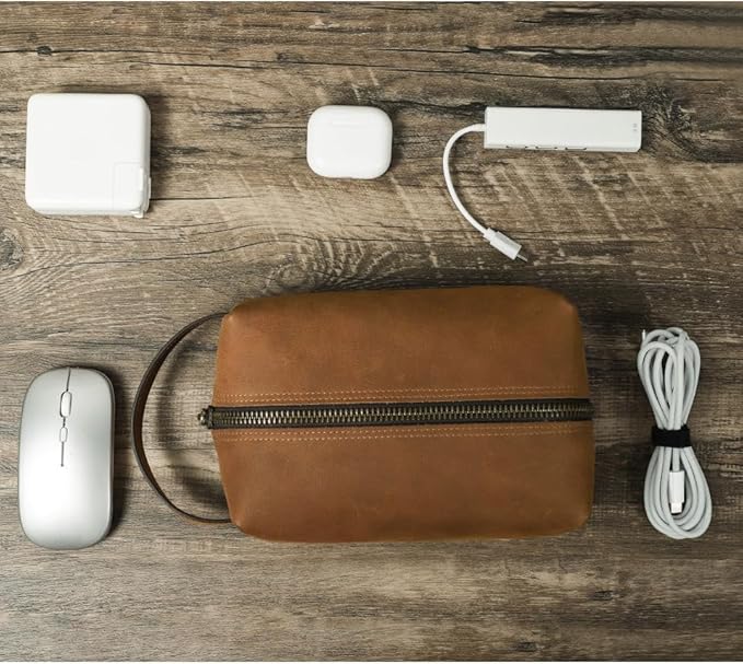 Genuine Leather Electronic Organizer Vintage Zipper Bag Travel Storage Case for Phone USB Cables (Camel)