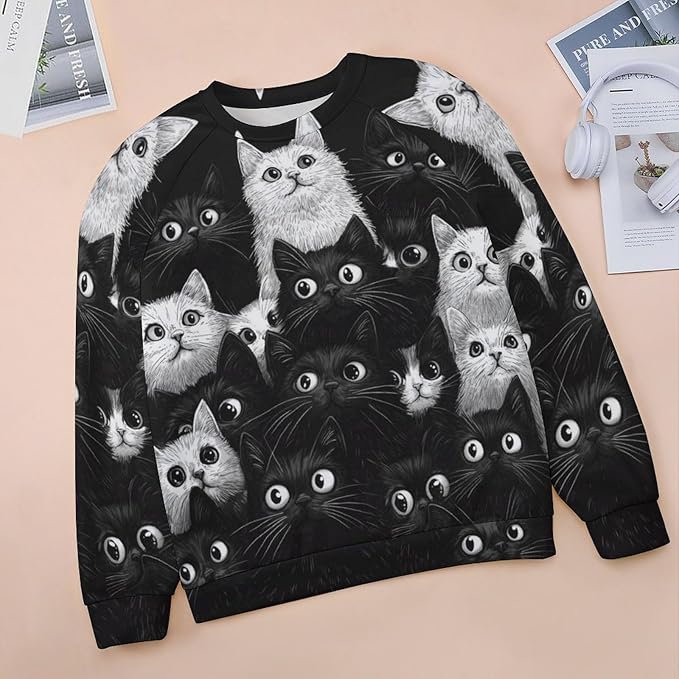 Fall Sweaters for Women 2024 Cat Print Long Sleeve Casual Crewneck Warm Fall Pullover Comfy Fashion Sweatshirts