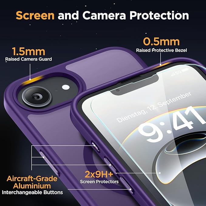 Miracase for iPhone 16e Case for MagSafe [with 2×9H+ Screen Protectors] TOP Military-Grade Protection Shockproof Scratch-Resistant with Velvet Touch for iPhone 16e Phone Case 6.1" Matte Dark Purple