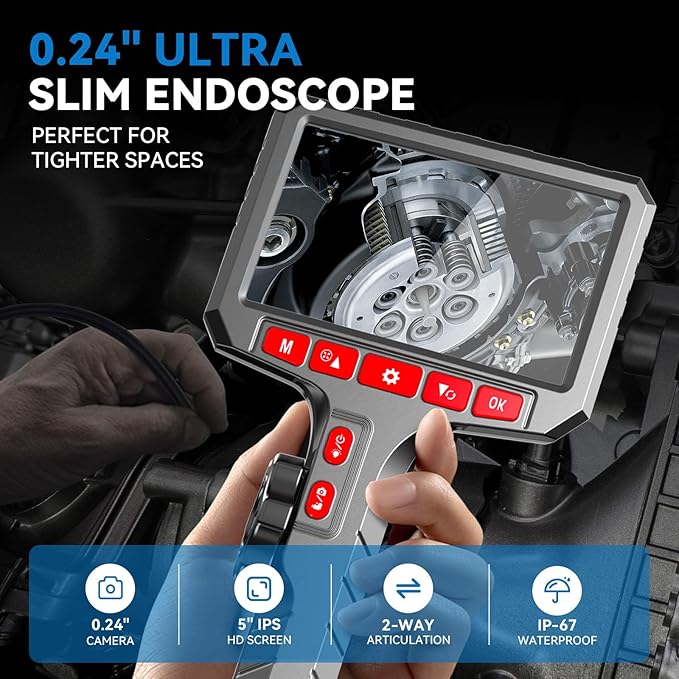 360° Flexible Eorescopes Camera with Light, Inspection Endoscope, 0.24-inch Probe Scope Cameras, 5-inch Display Snake Camera,Borescopes for Automotive Inspection and Machinery Maintenanc, 5ft