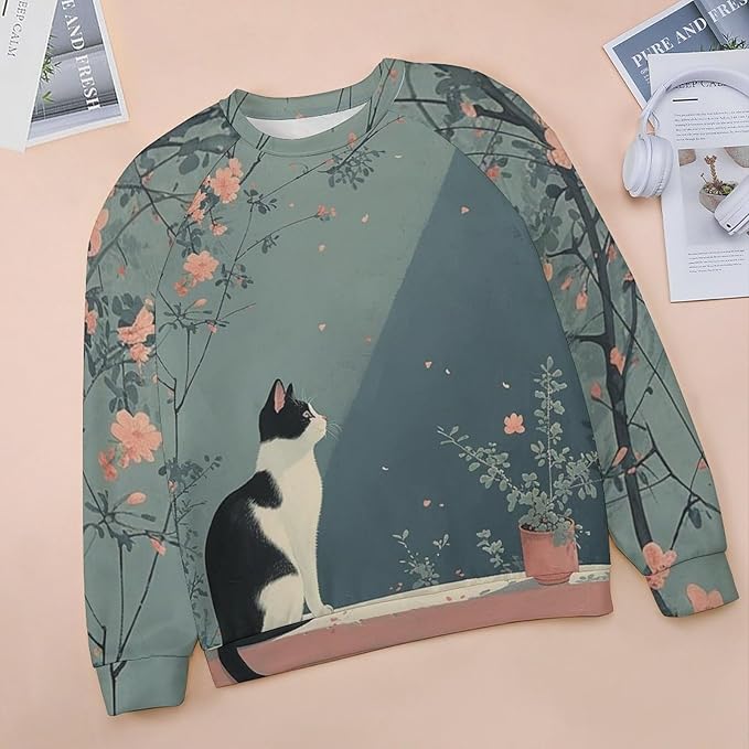 Long Sleeve Shirts for Women Cat Printed Fall Winter Dressy Holiday Casual Fashion Crewneck Tunic Tee Shirts