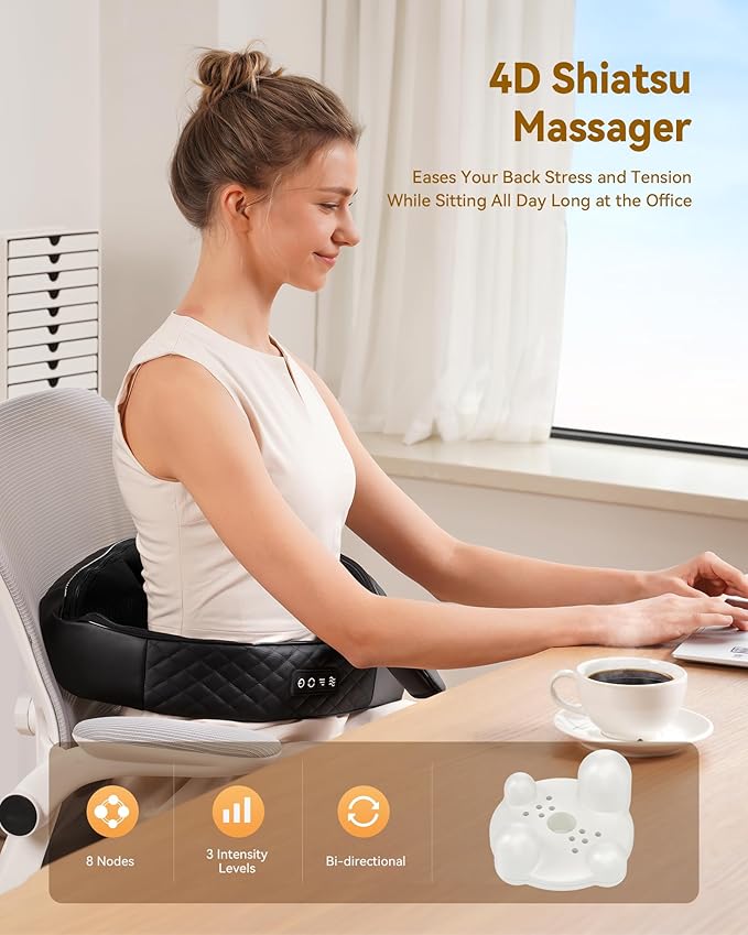 Shiatsu Neck and Back Massager with Heat, Neck and Shoulder Massager, 4D Deep Tissue Kneading Massage for Leg, Full Body Muscle Pain Relief, Ergonomic Design, Ideal Gifts for Women Men, Corded Use