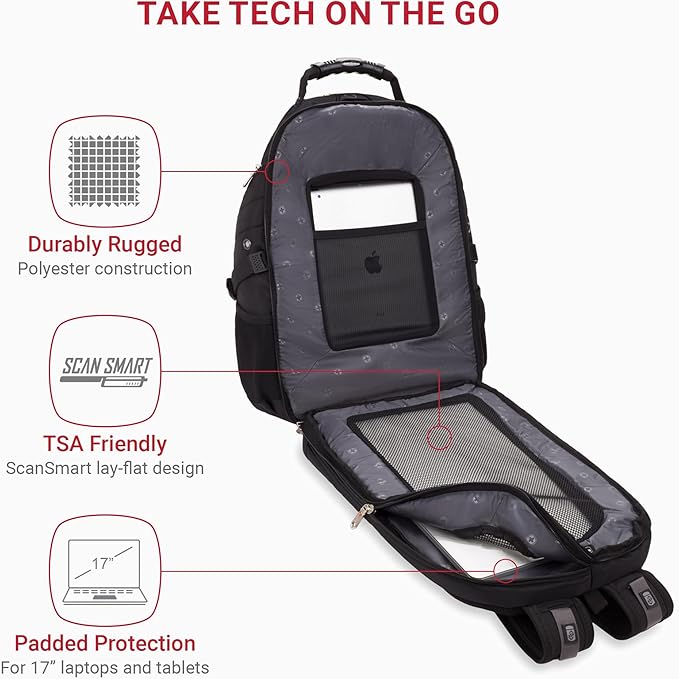 SwissGear 1900 ScanSmart 17” Laptop Backpack Black – Reflective Tech Backpack with ScanSmart Compartment – Multiple Organizer Pockets & RFID Scan Blocking Technology