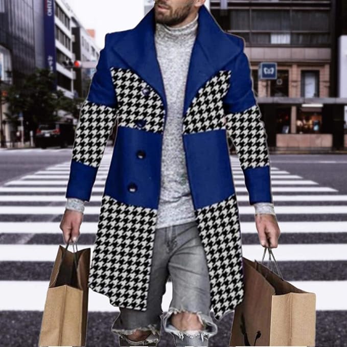 Men's Plaid Long Trench Coat Mid - Length Lapel Collar Button Down Warm Overcoat for Winter & Autumn Fashion