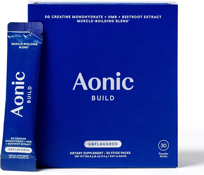 AONIC Build | 3-in-1 Creatine, HMBPro™ & Beetroot Formula | Vegan, Non-GMO Pre/Post-Workout Drink Mix – Unflavored (30 Sticks)
