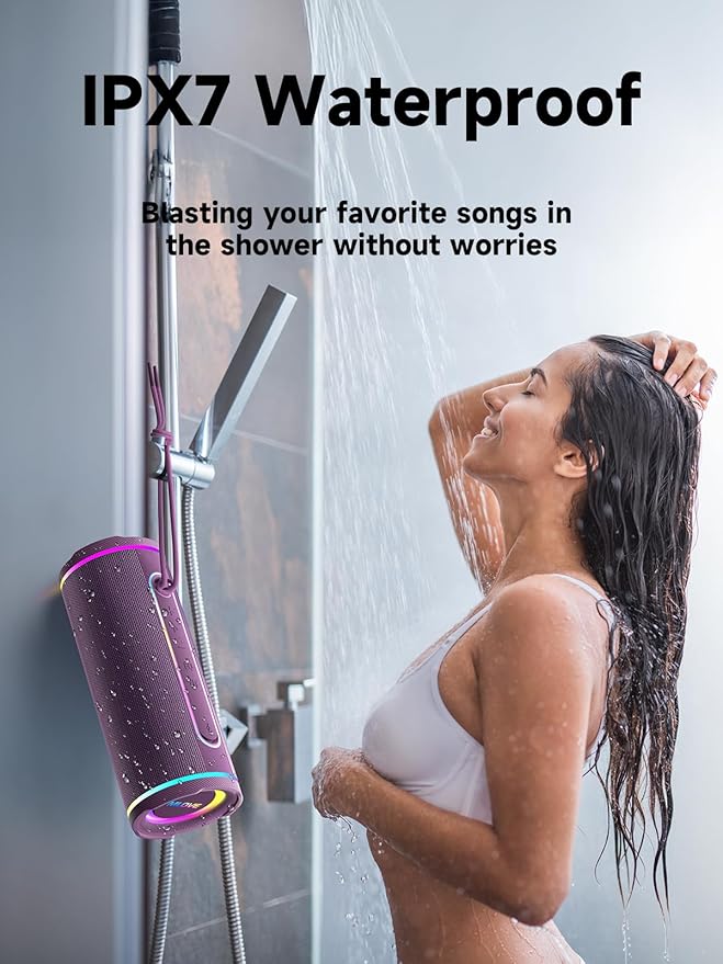 MLOVE E80 Portable Bluetooth Speaker, Bluetooth 5.4 Wireless Speakers IPX7 Waterproof with Aux Input, Micro SD Card Slot, Led Lights, Bass Boost, Dual Pairing, Mic for Outdoor Travel, Car, 30W, Purple