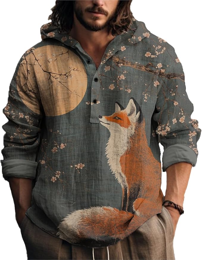 MARSVOVO Mens Japanese Art Long Sleeve Hooded Shirts Lightweight Quarter Button Hoodie Casual Cool Tops for Spring Fall