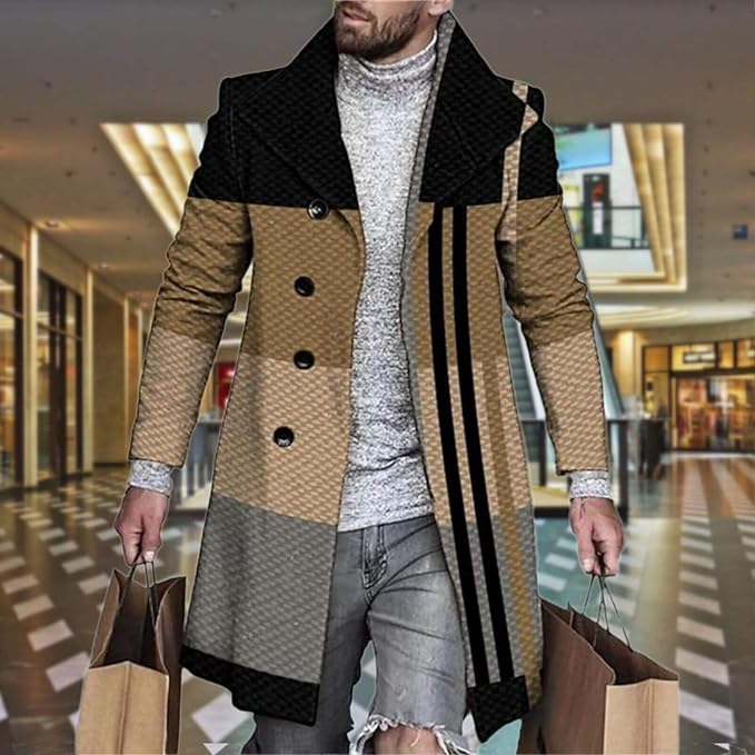 Men's Plaid Long Trench Coat Mid - Length Lapel Collar Button Down Warm Overcoat for Winter & Autumn Fashion