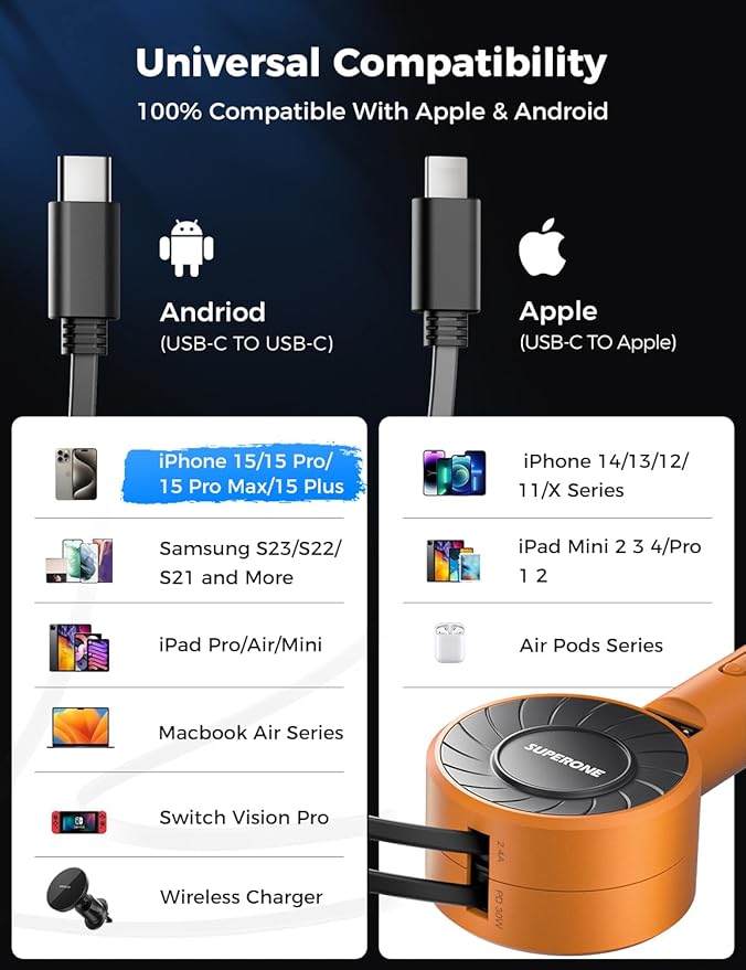 SUPERONE 3-in-1 Car Charger with Retractable Cords, USB C Charger Car Adapter Compatible with iPhone 17/16/15/14/13/12/11 Pro Max Samsung Android Phones