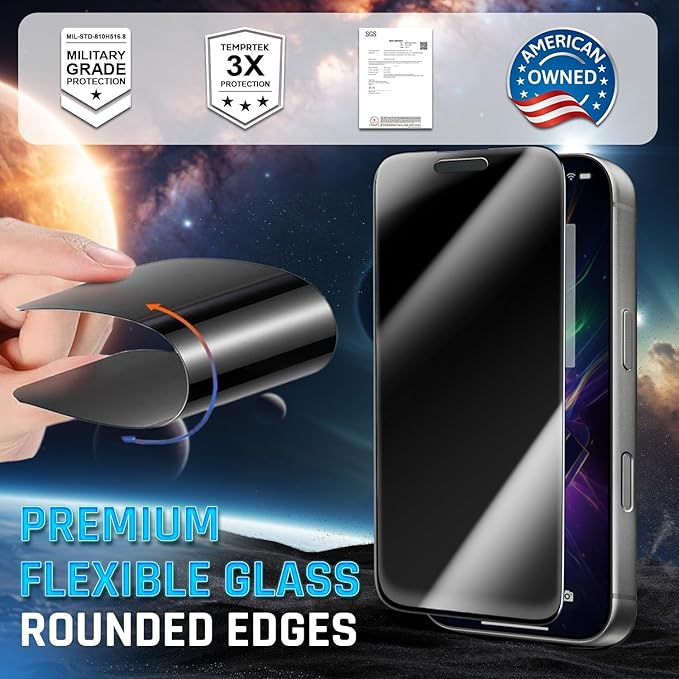 TEMPRTEK+ 2-Pack iPhone 17 Pro Max Screen Protector Fits iPhone 16 Pro Max Screen Protector Privacy - 9H Military Grade Scratch Fingerprint Resistance, Anti-Glare Shatterproof Tempered Glass, Anti-Spy