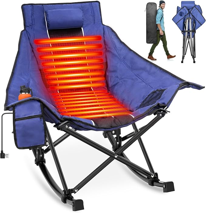 Suteck Heated Rocking Camping Chair - Fully Thicker Padded Heated Chairs for Outdoor Sports W/3 Heat Levels for Back & Seat, Heated Folding Chair for Adults with Carry Bag- Battery NOT Included