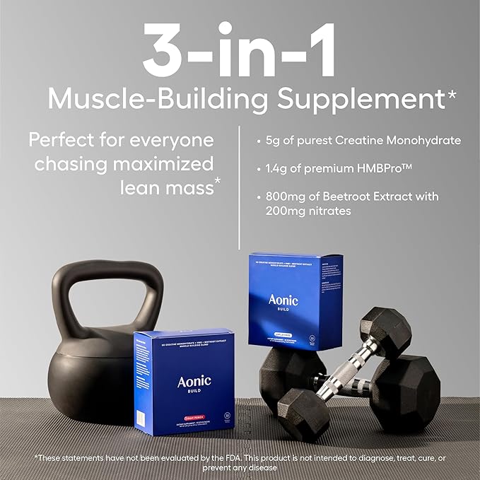 AONIC Build | 3-in-1 Creatine, HMBPro™ & Beetroot Formula | Vegan, Non-GMO Pre/Post-Workout Drink Mix – Unflavored (30 Sticks)