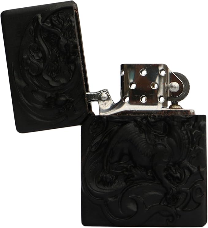 Natural Ebony Black Wood Carved Lighter Shell Box For Zippo Module (Wing Kylin)