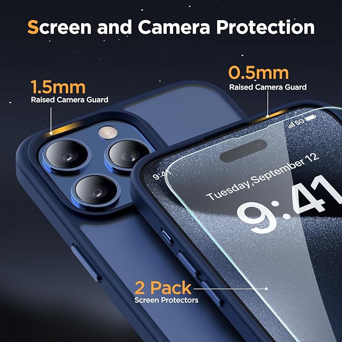 Miracase Magnetic for iPhone 13 Pro Case 6.1 inch (Compatible with MagSafe)（with 2X Screen Protectors） Military-Grade Protection, Anti-Fingerprint Translucent Matte Phone Case Cover, Dark Blue
