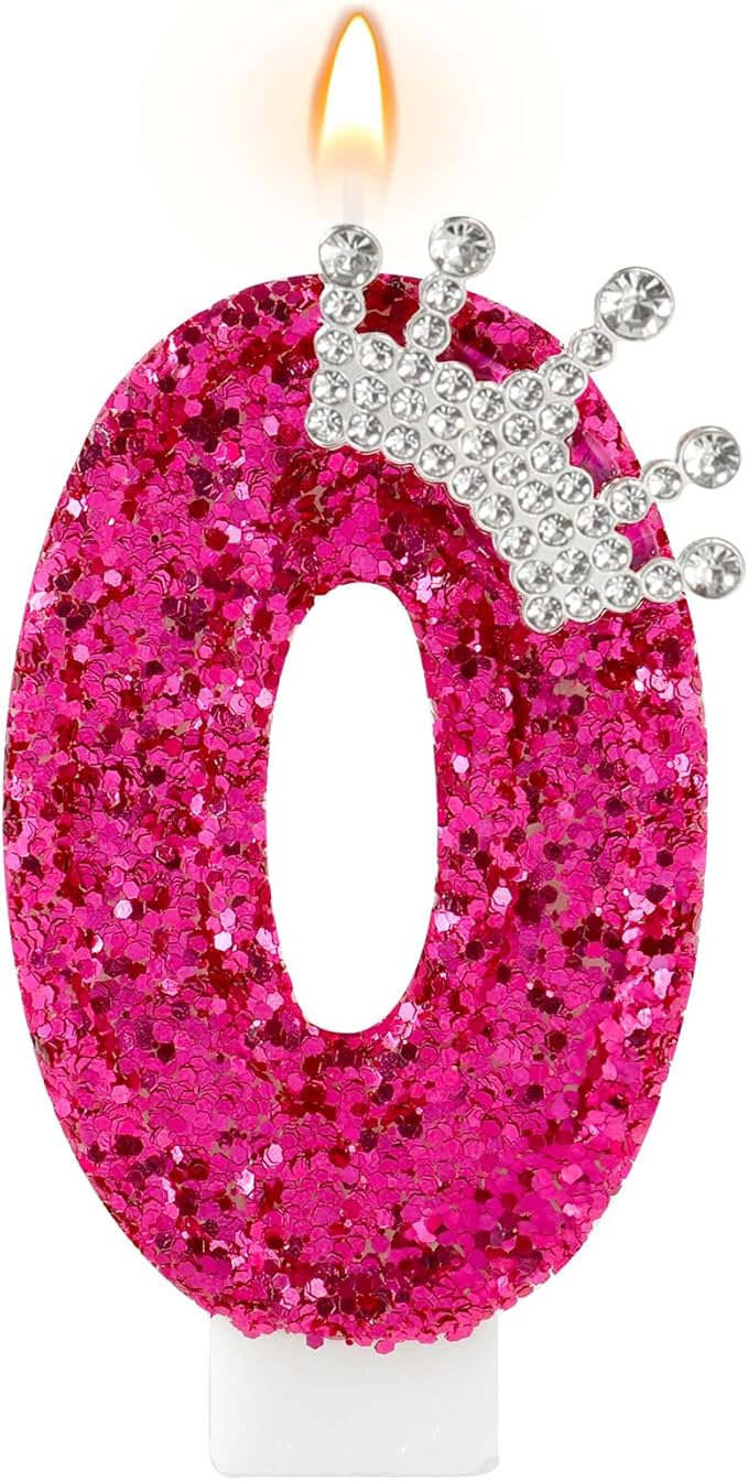 AKURIEEY Hot Pink Birthday Candles Crown Number 0 Candle Birthday Party Decorations Cake Topper Cupcake Decor for Anniversary Celebrations Supplies
