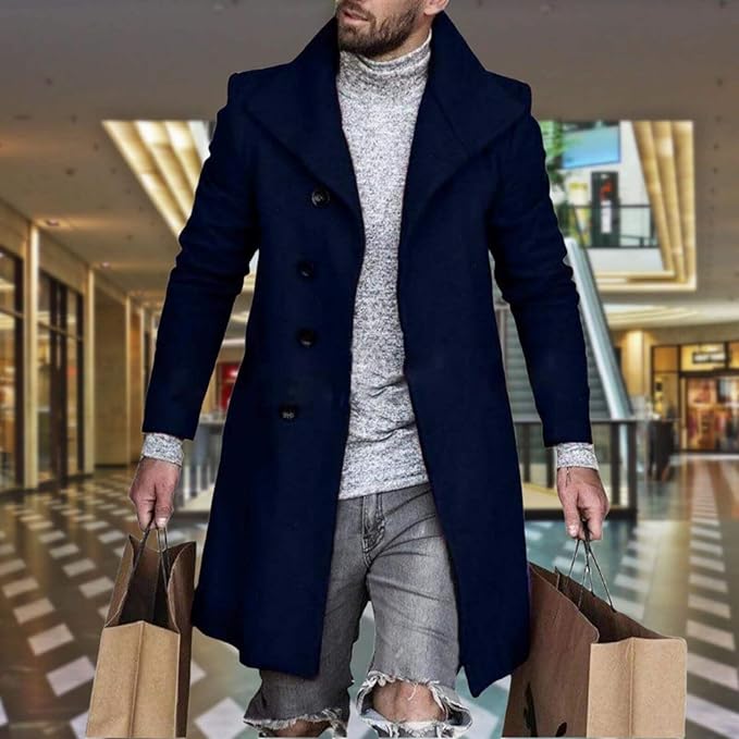Men's Plaid Long Trench Coat Mid - Length Lapel Collar Button Down Warm Overcoat for Winter & Autumn Fashion