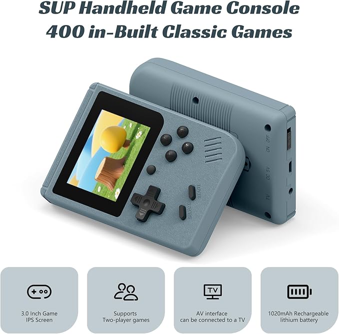 xiskt Retro Handheld Games Console, Built-in 400 Video Games,Portable Video Gaming Player with 3.0 Inch IPS Screen and Rechargeable Battery (Gray)