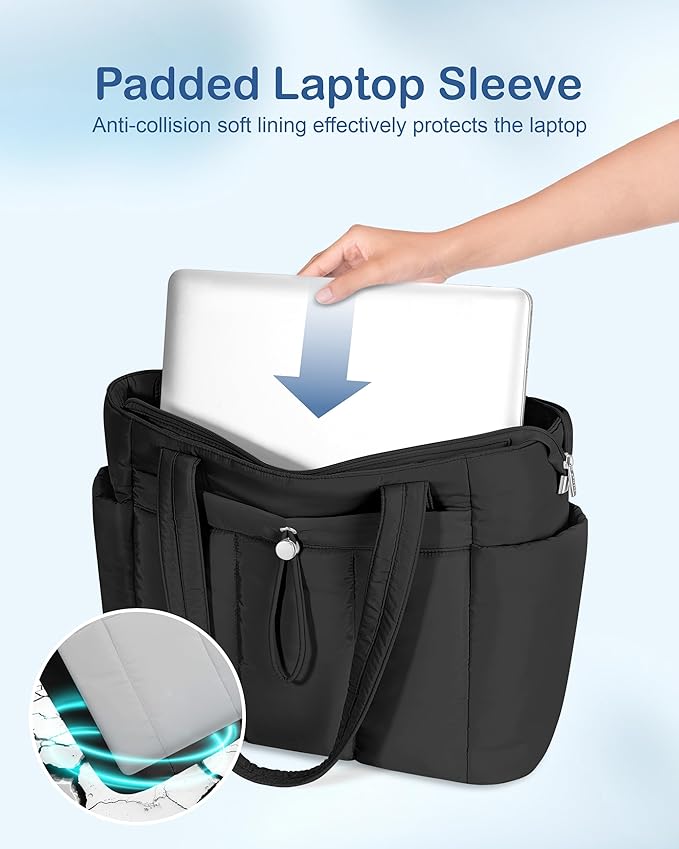 TOPDesign Puffy Tote Bag for Women with Cup Holder & Laptop Compartment & Cosmetic Bag & Trolley Sleeve for Work, Travel