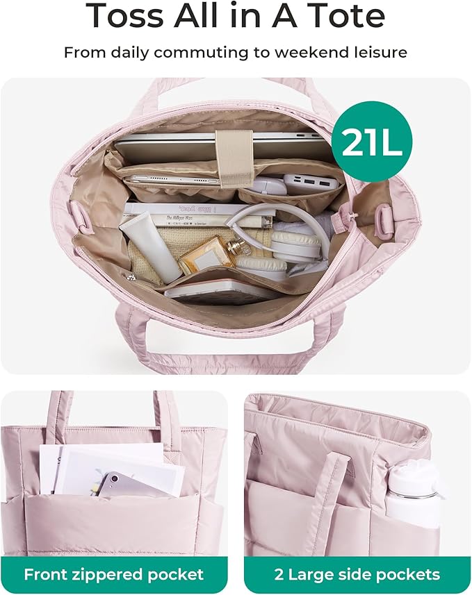 BAGSMART Tote Bag for Women, Lightweight Puffy Tote Bag with Compartments Shoulder Bag Handbag for Travel, Work, Gym | Puffy, Lightweight, for Travel, Quilted, Tote Bag with Compartments, Work