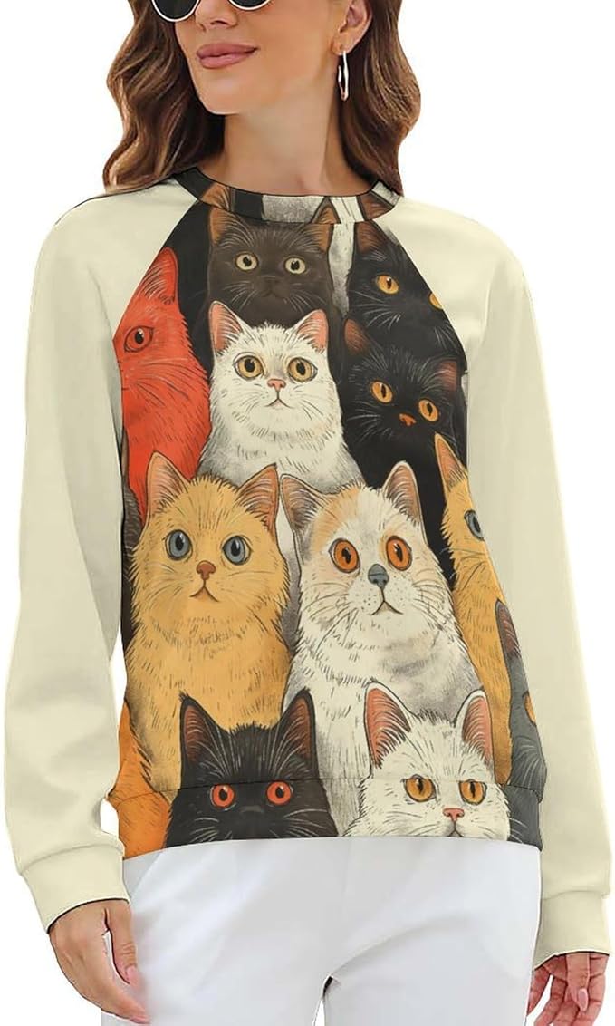 Long Sleeve Shirt Women Fall Cat Print Funny Hide Belly Vacation Plus Size Ladies Hippie Dressy Sweaters