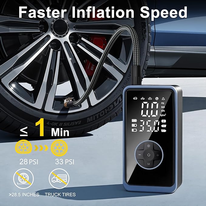 Tire Inflator Portable Air Compressor - 150PSI Cordless Air Pump for Car Tires, Portable Tire Inflator for Car, Air Compressor with Pressure Gauge/LED Light for Auto/Bike/Motorcycle/Ball (Dark Black)