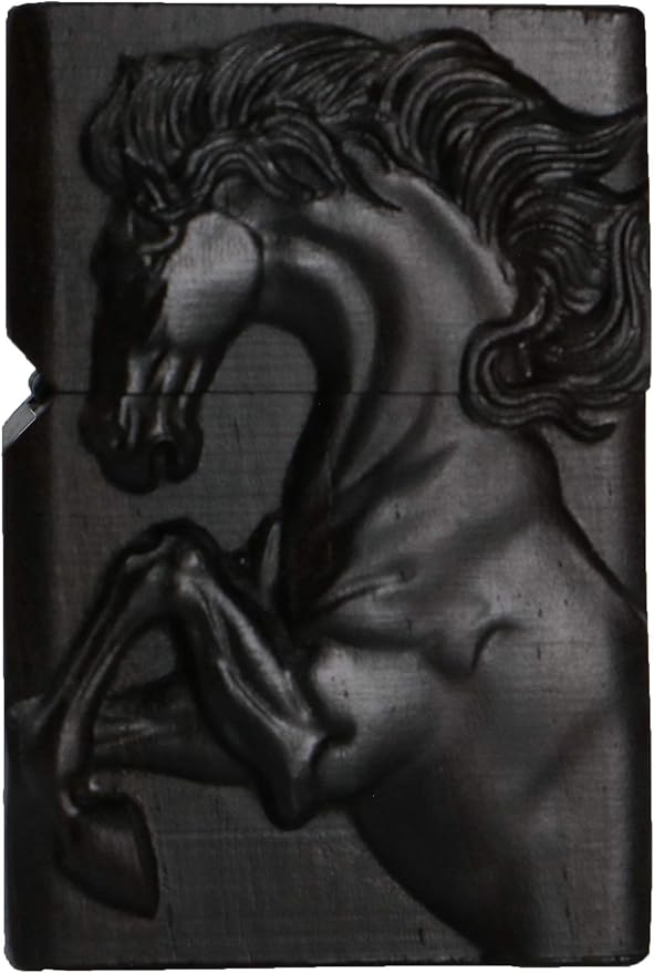 Natural Ebony Black Wood Carved Lighter Shell Box For Zippo Module (Succeed Horse)