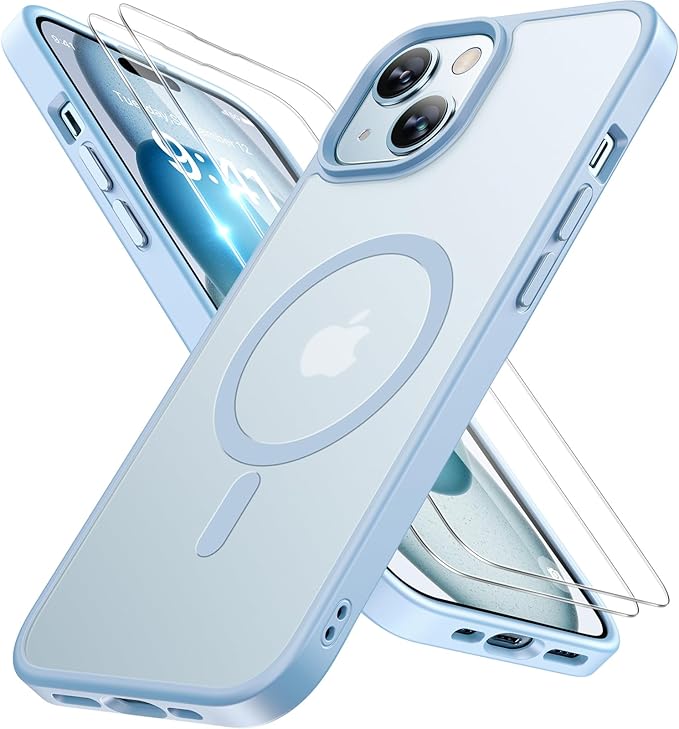 Miracase Magnetic for iPhone 15 Case (Compatible with MagSafe)（with 2X Screen Protectors） Military-Grade Protection, Anti-Fingerprint Translucent Matte Phone Cover for iPhone 15 6.1 inch, Light Blue