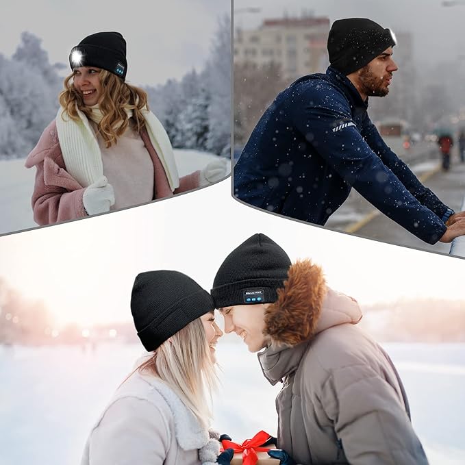 Bluetooth Beanie Hat with Light, Unisex LED Cap with Headphones Built-in Stereo Speakers & Mic, Tech Gift for Men Women Dad Navy Blue