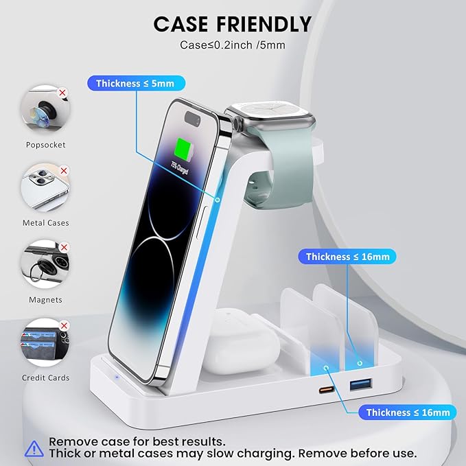 Wireless Charger for iPhone - 5 in 1 Charging Station for Multiple Devices Apple: Fast Wireless Charging Stand Dock for iPhone 17 16e 16 15 14 13 12 Pro Max Apple Watch Airpods(White)