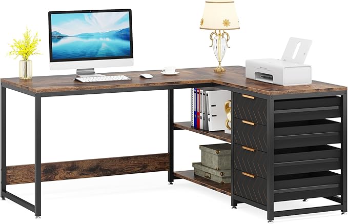 LITTLE TREE 59-Inch L Shaped Desk with Drawers, Large Computer Desk with Storage Shelves, Reversible L-Shaped Corner Desk Workstation for Home Office