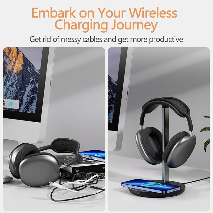 Headphone Stand with Wireless Charger, Gaming Headset Holder Hanger Rack 2 IN 1 Wireless Charging Station Dock for iPhone 15/14/13/12/11 Series, Samsung, AirPods Pro/3/2 and Desk All Headphones, Black