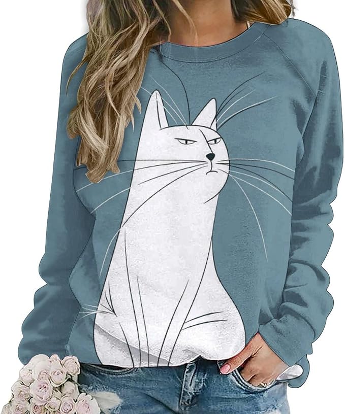 Long Sleeve Shirt Women Fall Cat Print Funny Hide Belly Vacation Plus Size Ladies Hippie Dressy Sweaters