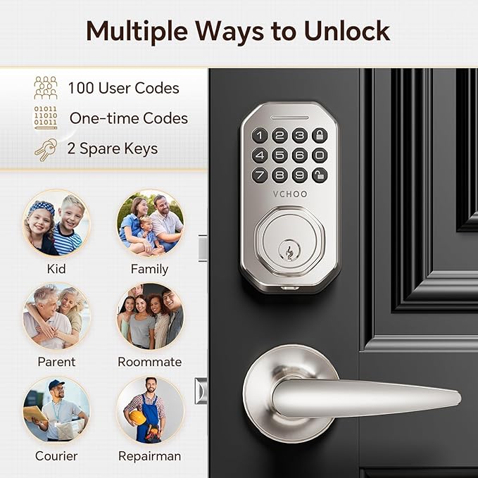 Keyless Entry Door Lock Set Smart Locks for Front Door Keypad Door Lock with Handle Auto Lock One Time Password Anti Peeping Password IP54, Satin Nickel