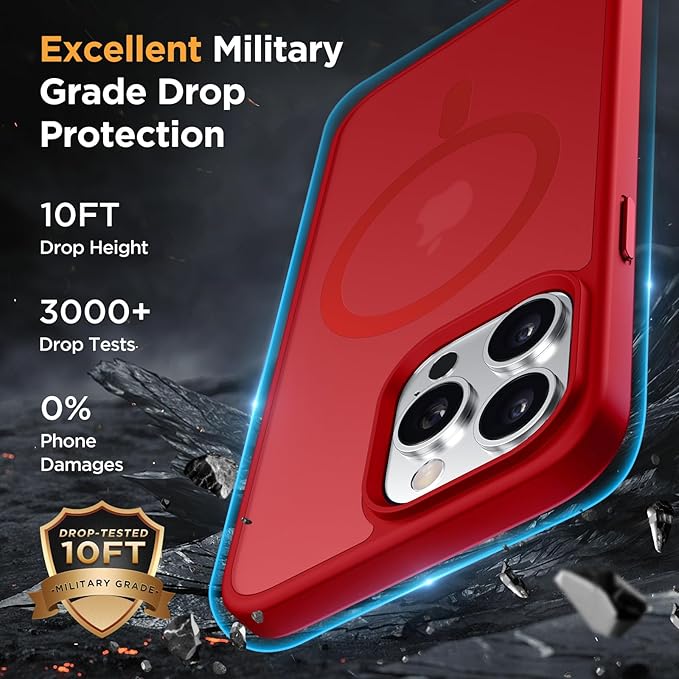 Miracase Magnetic for iPhone 15 Pro Case 6.1 inch (Compatible with MagSafe)（with 2X Screen Protectors）Military-Grade Protection, Anti-Fingerprint Translucent Matte Phone Cover, Red