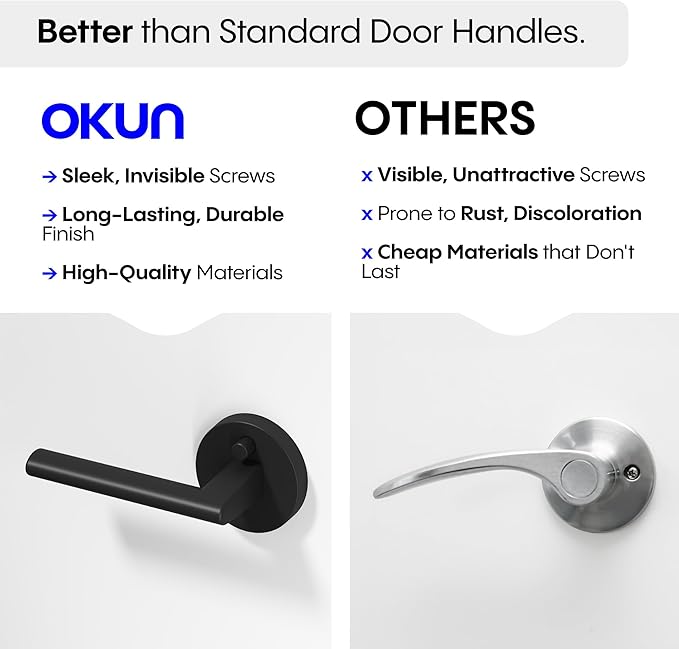 Okun Brio 2-Pack Matte Black Privacy Door Levers – Push Button Lock, Reversible, Sleek Concealed-Mount Design for Bedroom & Bathroom