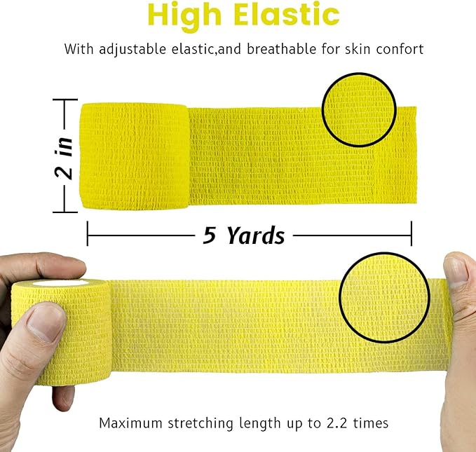 FRESINIDER 9 Rolls Self Adhesive Wrap Athletic Tape Gauze, Breathable Elastic Cohesive Bandage for Sports Injury & Pet (7 Pcs 2" x 5 Yards + 2 Pcs 1" X 5 Yards) (Yellow)