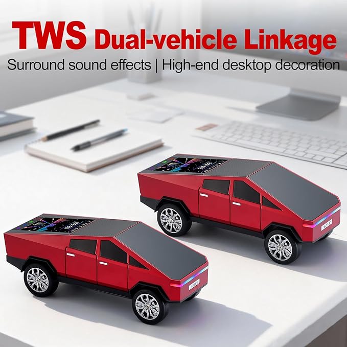 Futuristic Pickup Truck Bluetooth Speaker with LED Display Screen – TWS Stereo, FM Radio, USB/TF Playback, LED Headlights, Built-in Mic, Gift for Truck Fans, Auto Style Lovers&Tech Collectors (Red)