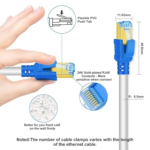 Cat 8 Ethernet Cable 25 FT, 26AWG 40Gbps 2000Mhz Ultra Speed Cat8 LAN Network Cable SFTP Patch Cord with Gold Plated RJ45 Connector, Weatherproof UV Resistant for Switch/Router/Modem/PC/Gaming