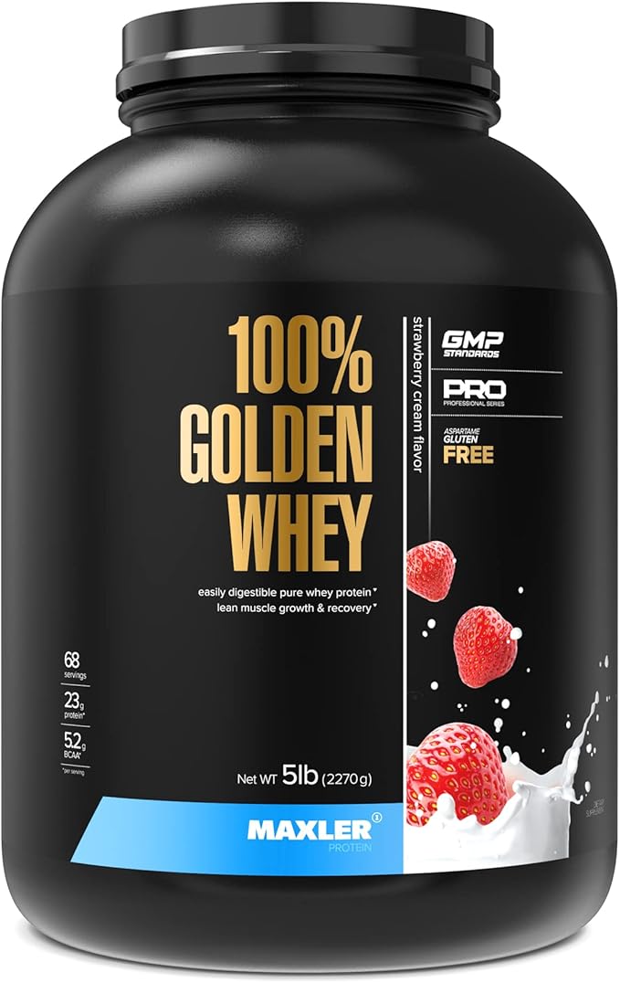 Maxler 100% Golden Whey Protein - 23g of Protein per Serving - Whey Protein Powder for Pre Post Workout - Fast-Absorbing Whey Concentrate, Isolate & Hydrolysate Blend - Strawberry Cream 5 lb