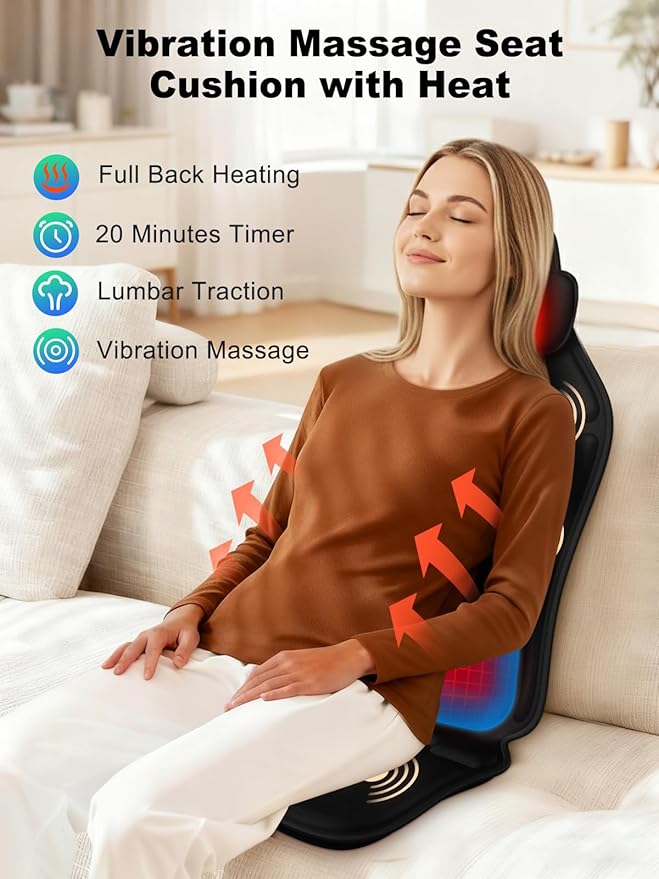 Back Massager for Chair with Heat, Massage Chair Pad with Lumbar Support & Vibration, Seat Massager for Seniors, Office Workers & Family, Fatigue & Pain Relief in Office, Home & Travel