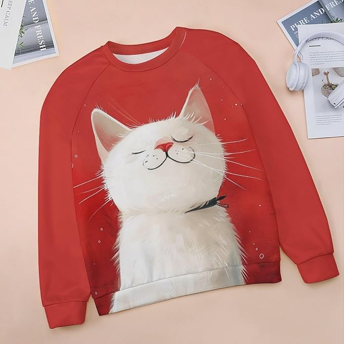 Long Sleeve Shirts for Women Cat Printed Fall Winter Dressy Holiday Casual Fashion Crewneck Tunic Tee Shirts