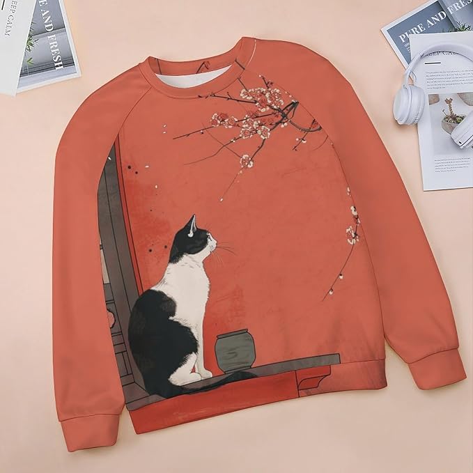Long Sleeve Shirts for Women Cat Printed Fall Winter Dressy Holiday Casual Fashion Crewneck Tunic Tee Shirts